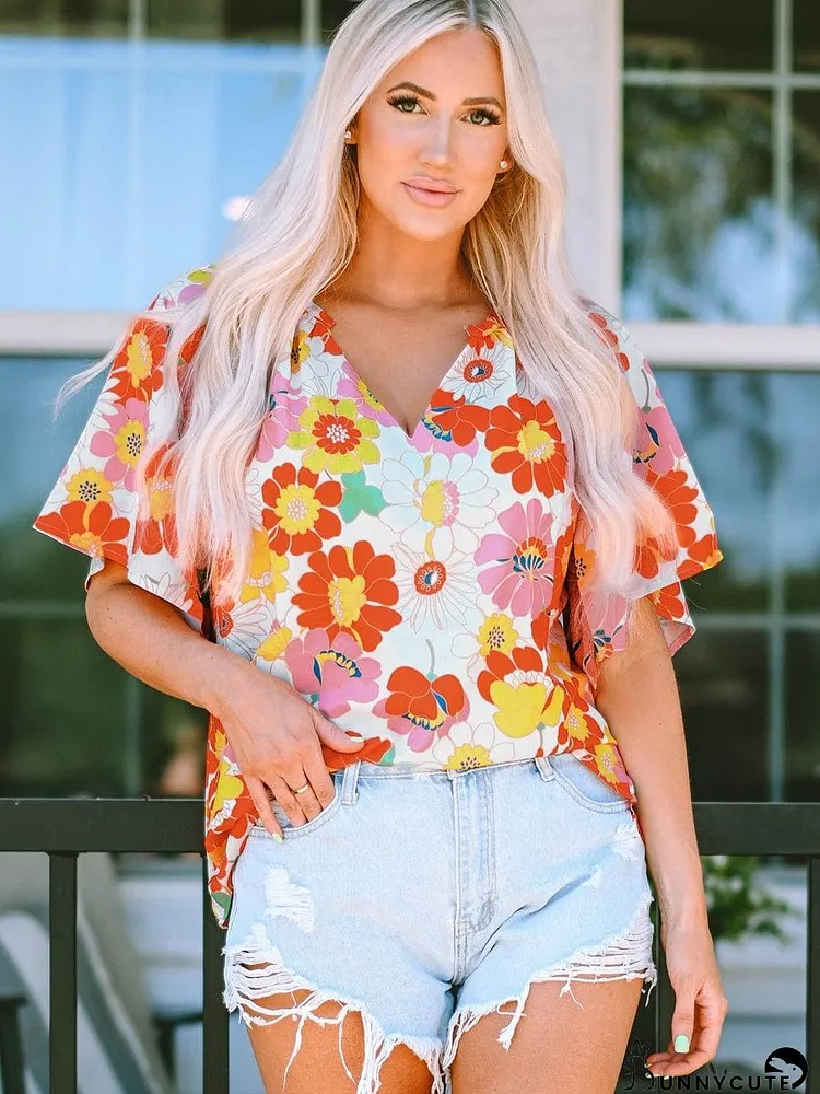 Orange Floral Print V Neck Loose Fit Blouse