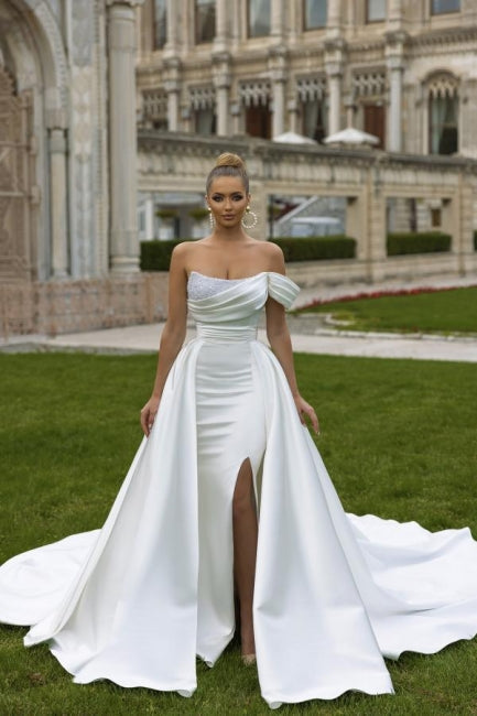 Dresseswow Off-the-Shoulder Mermaid Wedding Dress Front Slit Overskirt With Beads