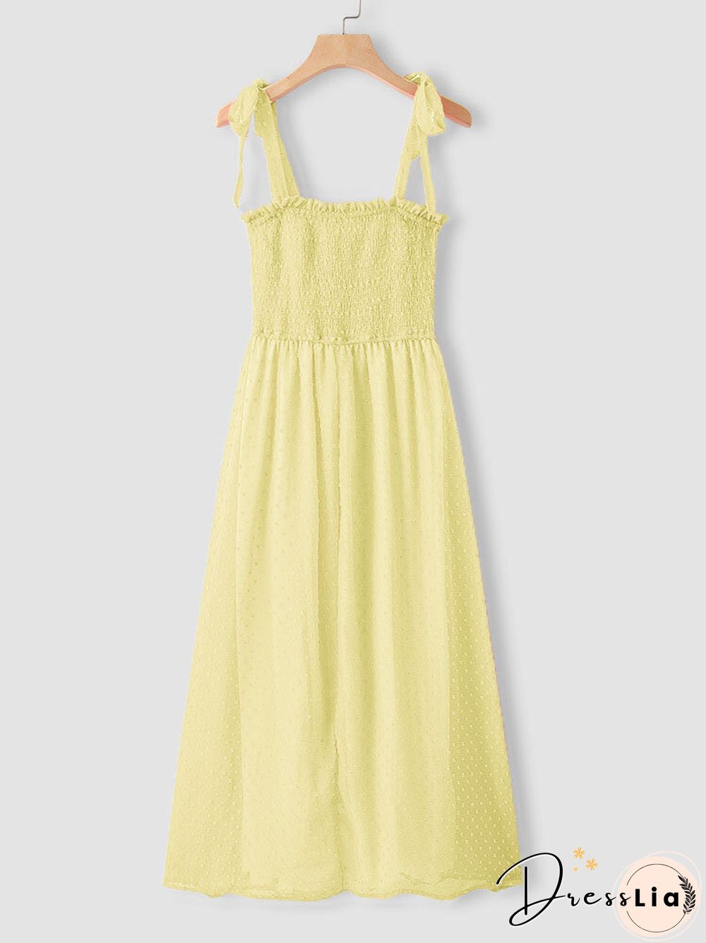 Solid Smocked Tie Strap Slit Open Back Chiffon Maxi Dress