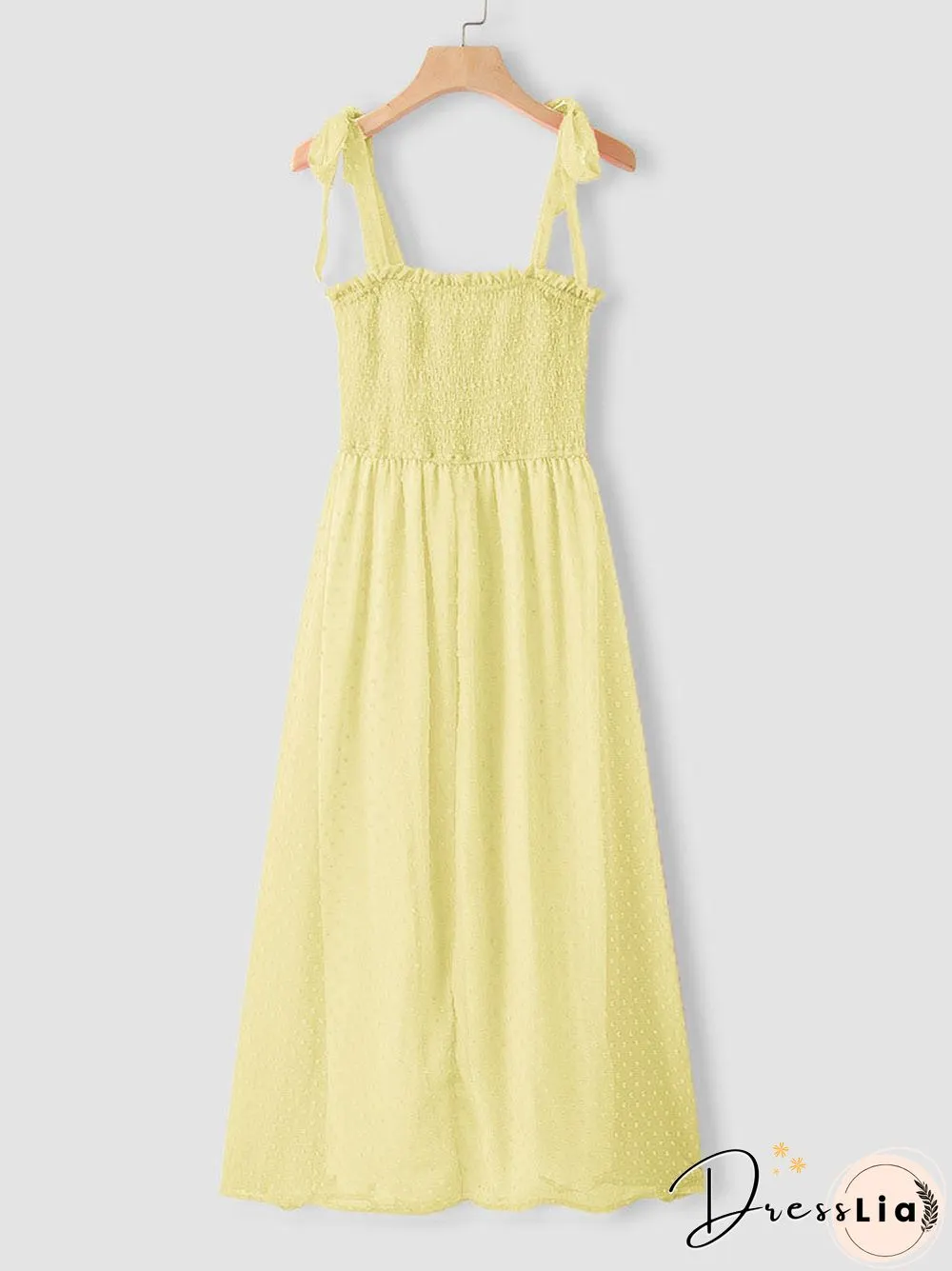 Solid Smocked Tie Strap Slit Open Back Chiffon Maxi Dress