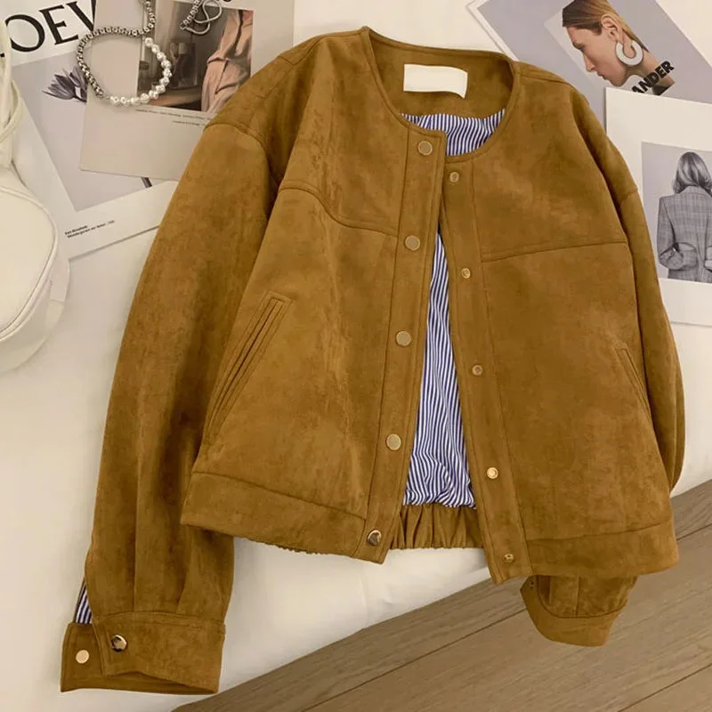 Toloer Brown Suede Stripe Lining Jacket-Outfit Ideas