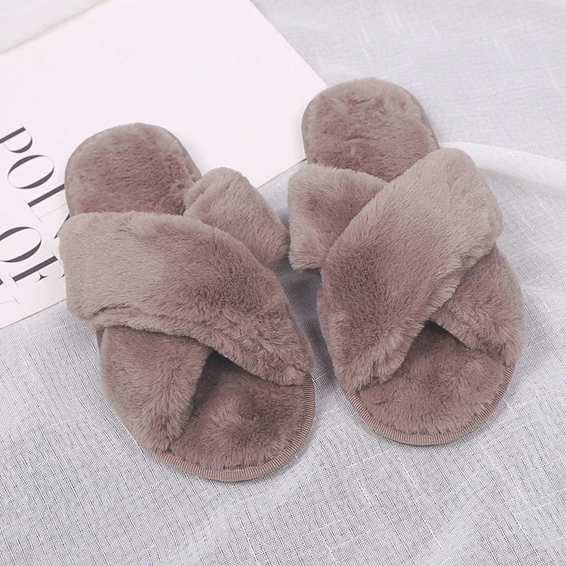 Warm Fluffy Slippers Women Faux Fur Slipper Female Indoor Floor Slides Flat Soft Furry House Shoes Letteer Flip Flops Ladies