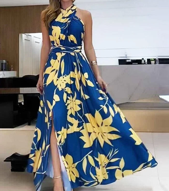 UForever21 Women Maxi Dress Slit Design Leaves Print Sleeveless Halter Neck Casual Style Long Skirt