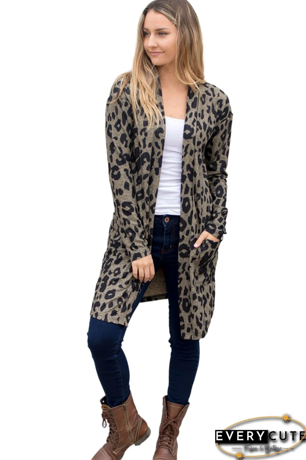 Leopard Print Open Front Pocketed Cardigan