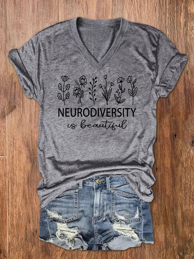 Women's Neurodiversity Autism Awareness Print V-Neck T-Shirt