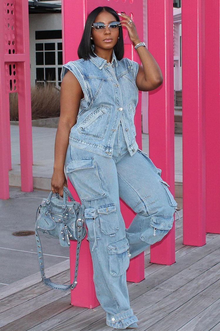 Sleeveless Button Up Denim Jacket Wide Leg Pockets Jeans Matching Set [Pre Order]