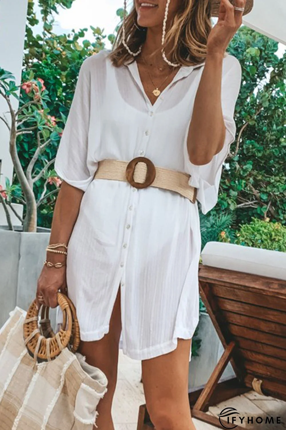 White Half Sleeve Shirt Dress Cover Up | IFYHOME