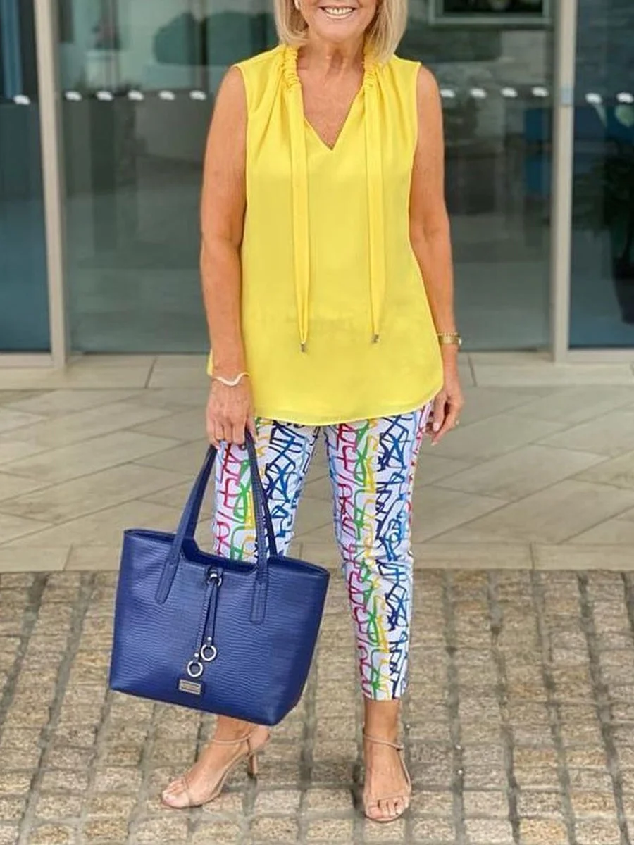 Sleeveless Plain Lace-up Top And Printed Slim Pants Set