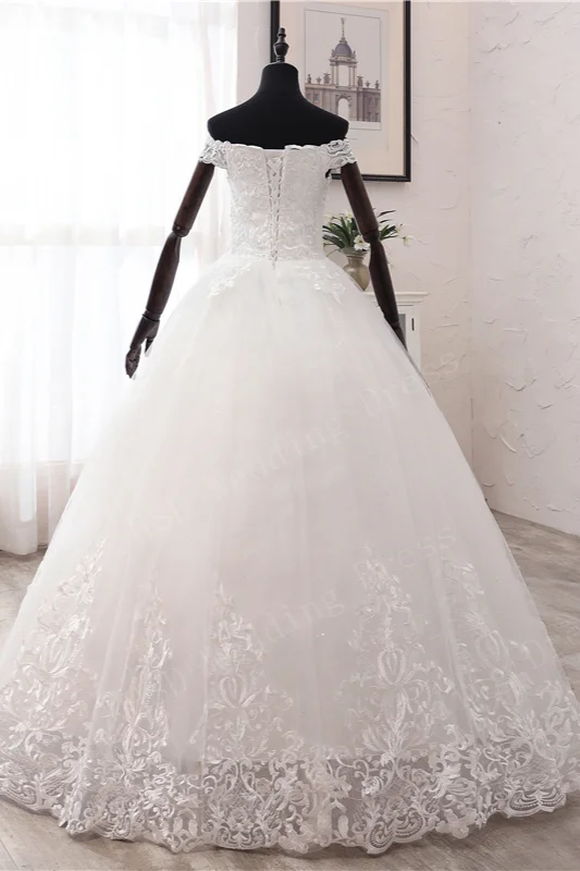 Classy Ball Gown Off The Shoulder Satin Tulle Sequin Long Wedding Dresses main image 1