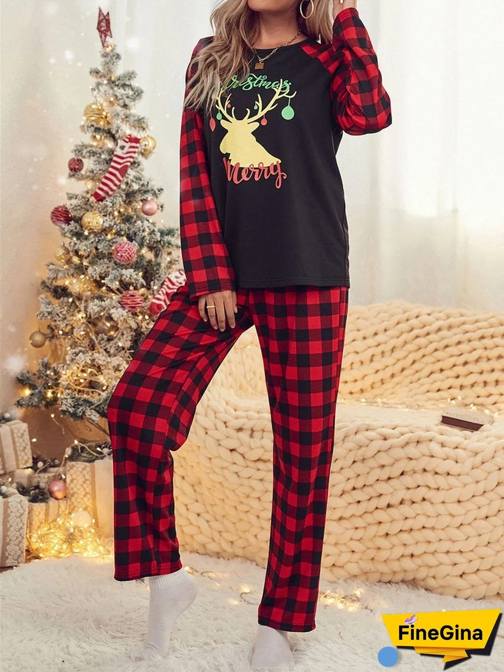 Elk Pattern Red&Black Plaid Pajama Set