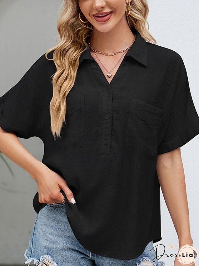Blouse Pocket Loose Solid / Plain Color Basic Shirt Collar Roll Sleeves Summer Black White Pink Sky Blue for Women