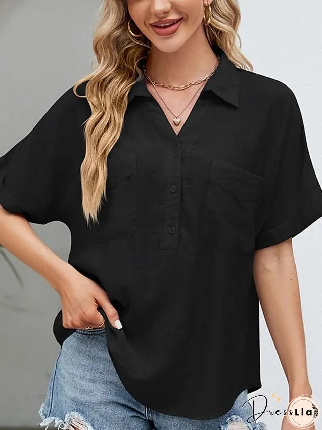 Blouse Pocket Loose Solid / Plain Color Basic Shirt Collar Roll Sleeves Summer Black White Pink Sky Blue for Women