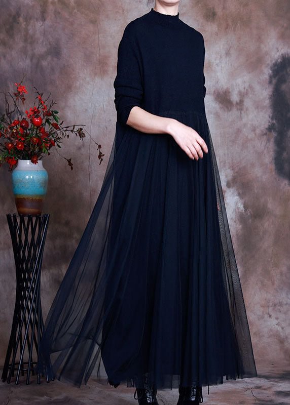 Elegant Black tulle Patchwork Knit Dress Spring CK1360- Fabulory