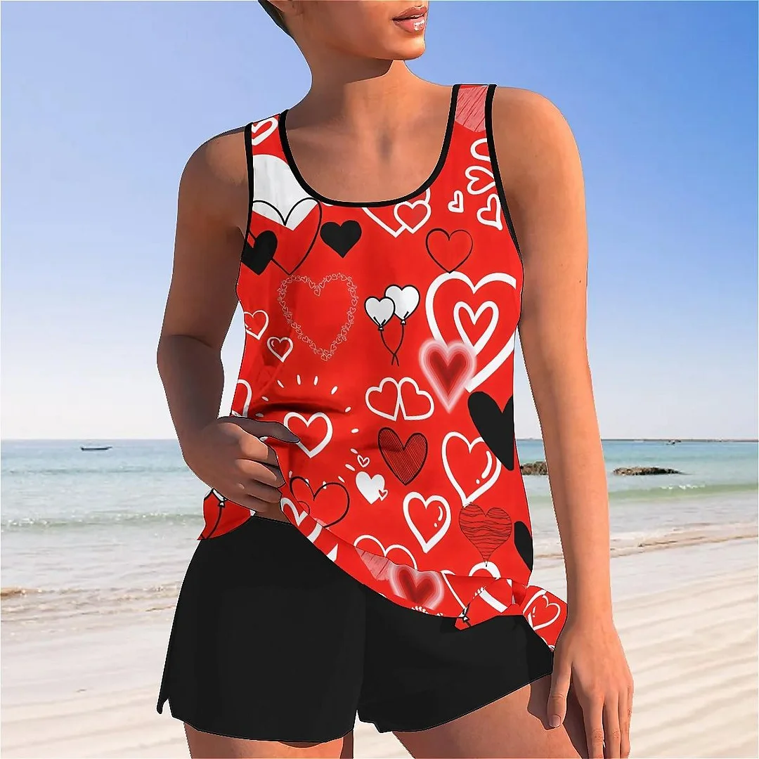 Bowknot Heart,Love,Valentine's Day Mid Waisted Tankini Set - Plus Size Available