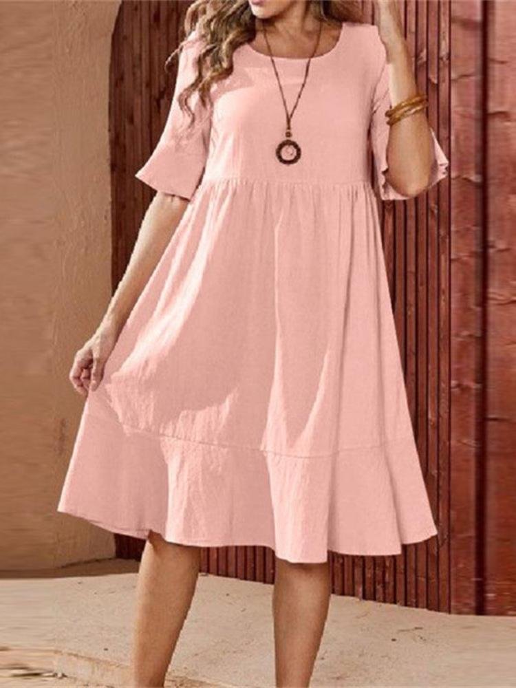 Cotton And Linen Soild Color Dress With A Round Collar And A Big Swing 