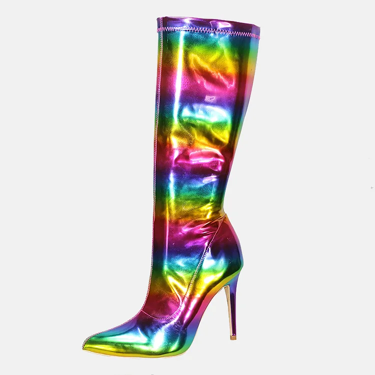 Fashion Pointed Toe Side Zipper Rainbow High Heeled Boots-Multicolor