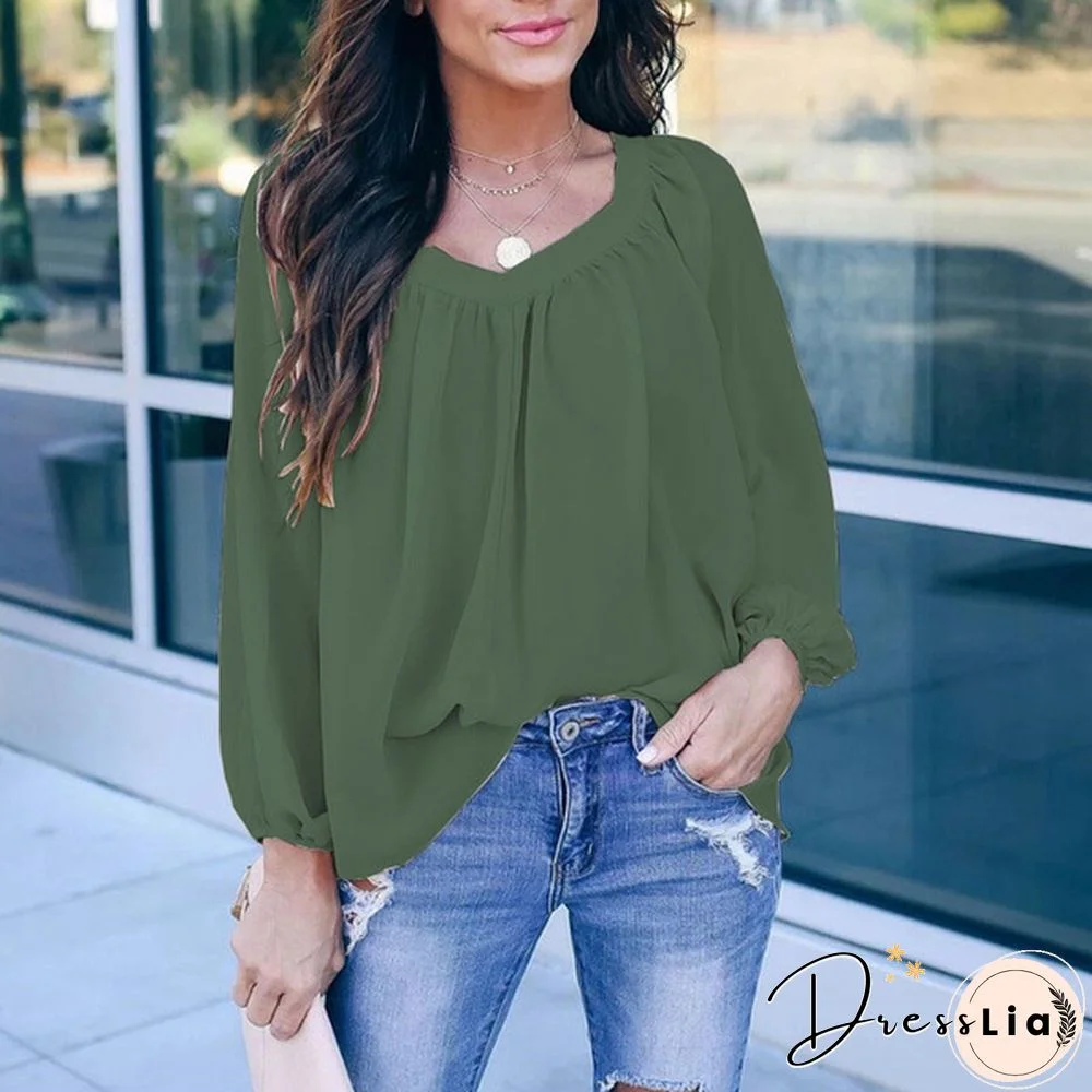 Plus Size XS-8XL Women's Fashion Clothes Pure Color Long Sleeve Shirts Elegant Ladies Casual V-neck Tops Spring and Autumn Bow-knot Lace Up Loose Chiffon Blouse