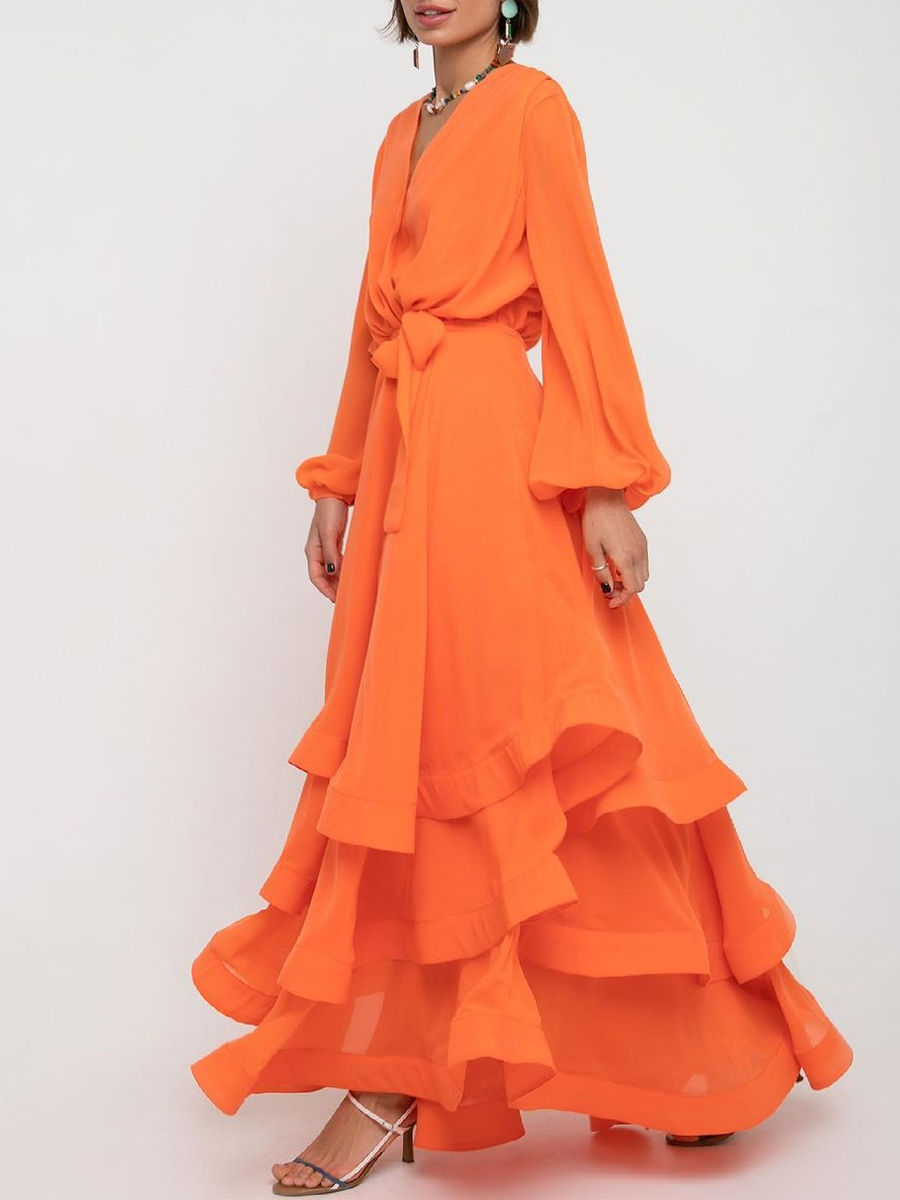 V-neck solid color long-sleeved dress