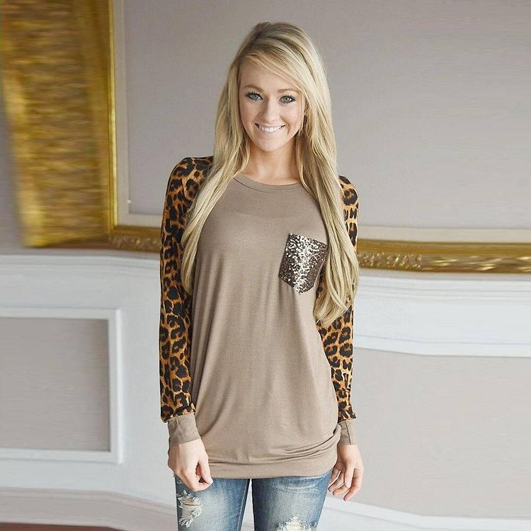 Autumn Spring Woman Tshirts Solid Color Leopard Stitching Long Sleeve Oversized Shirt Loose Top Women's Tops Fall Clothing 2020