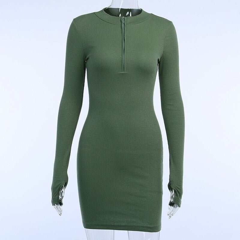 2021 New Women Mini dresses V-neck Solid Stretch Bodycon Pencil Stand Collar Zipper Deep Party Winter Fall Bodycon Ribbed Dress