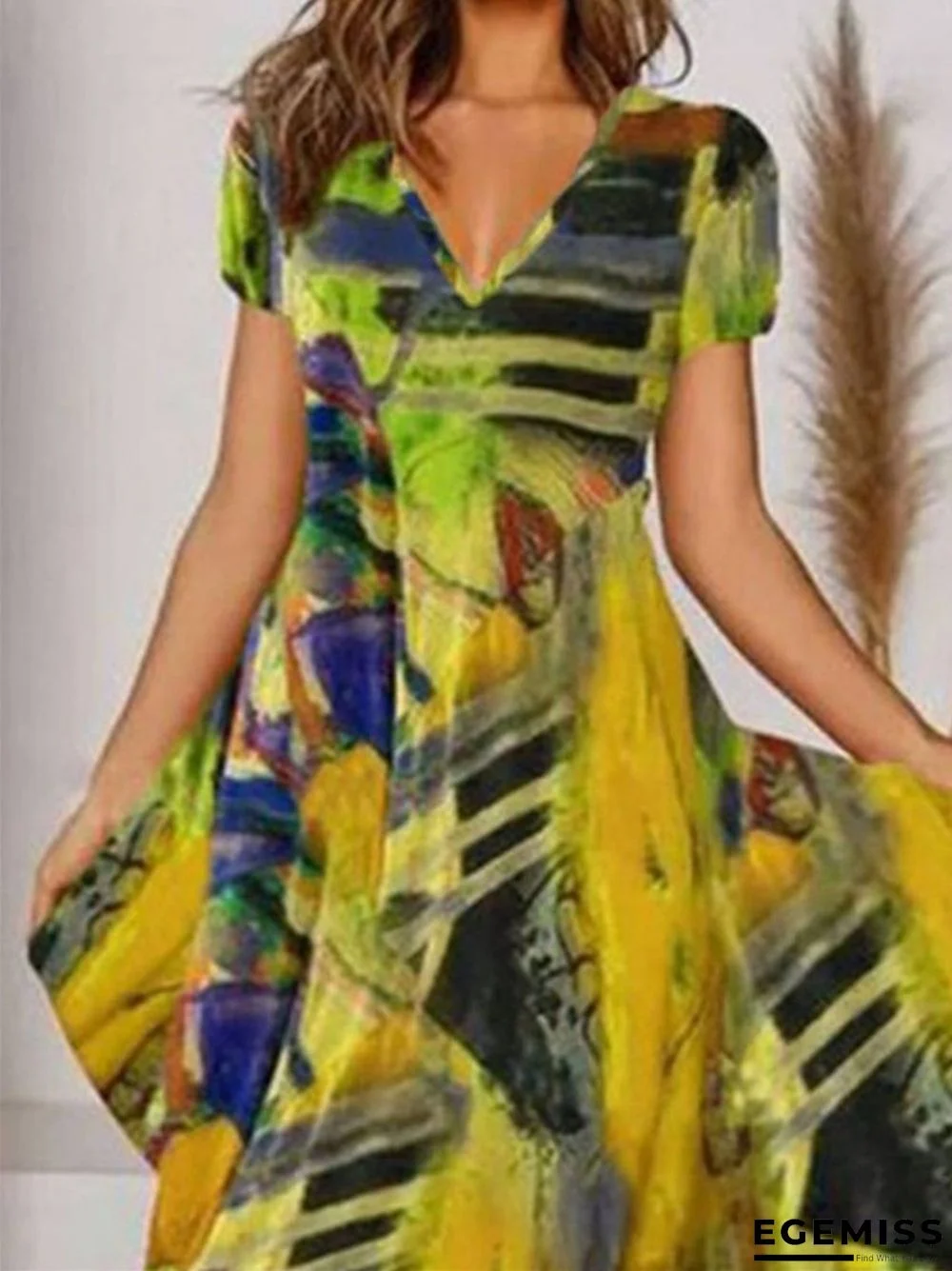 Long Skirt Casual V-neck Swing Bohemian Short Sleeve Dress | EGEMISS