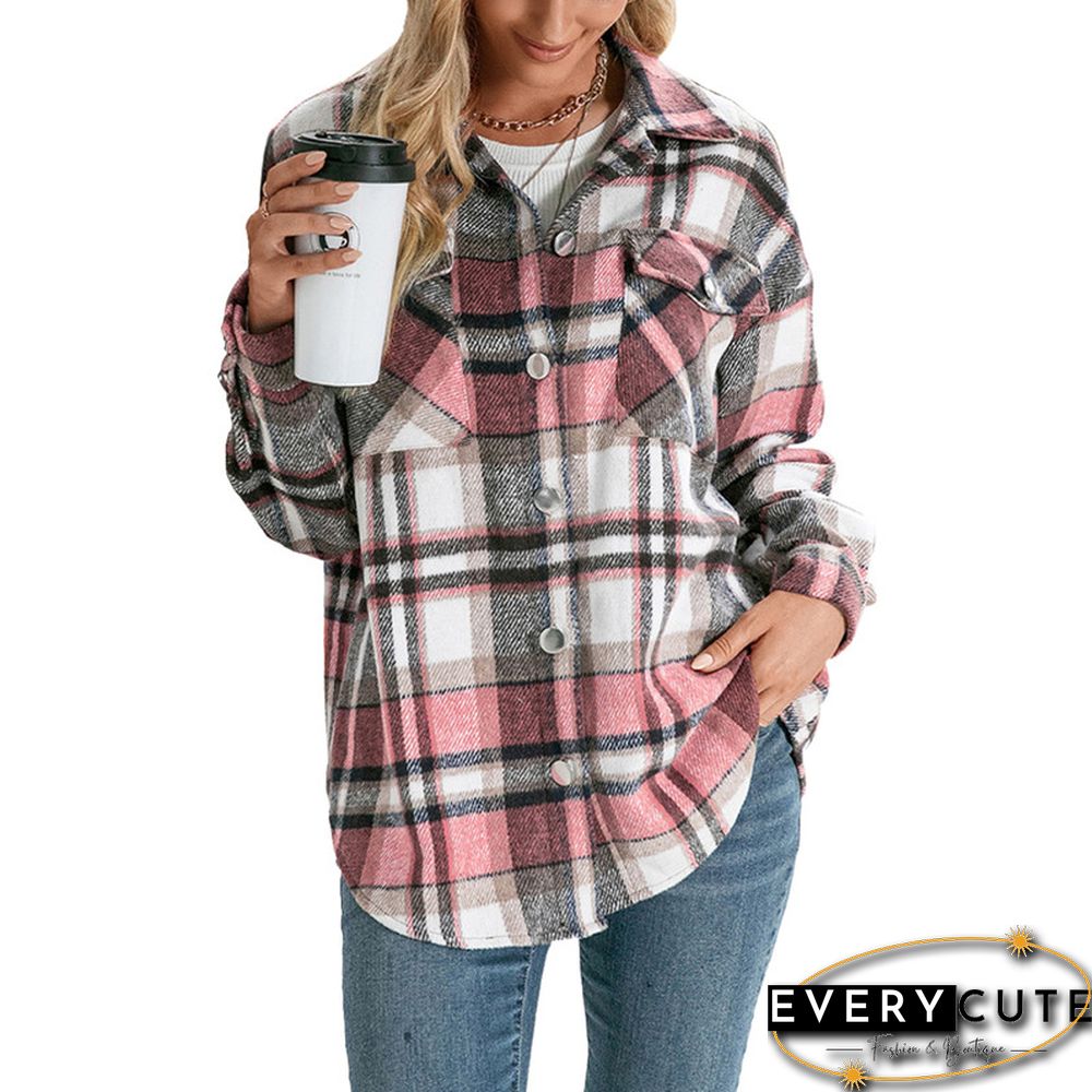 Women Plaid Printed Pattern Coat Long Sleeve Button-down Collared Jacket With Pockets Ladies Tops Autumn Winter Clothes