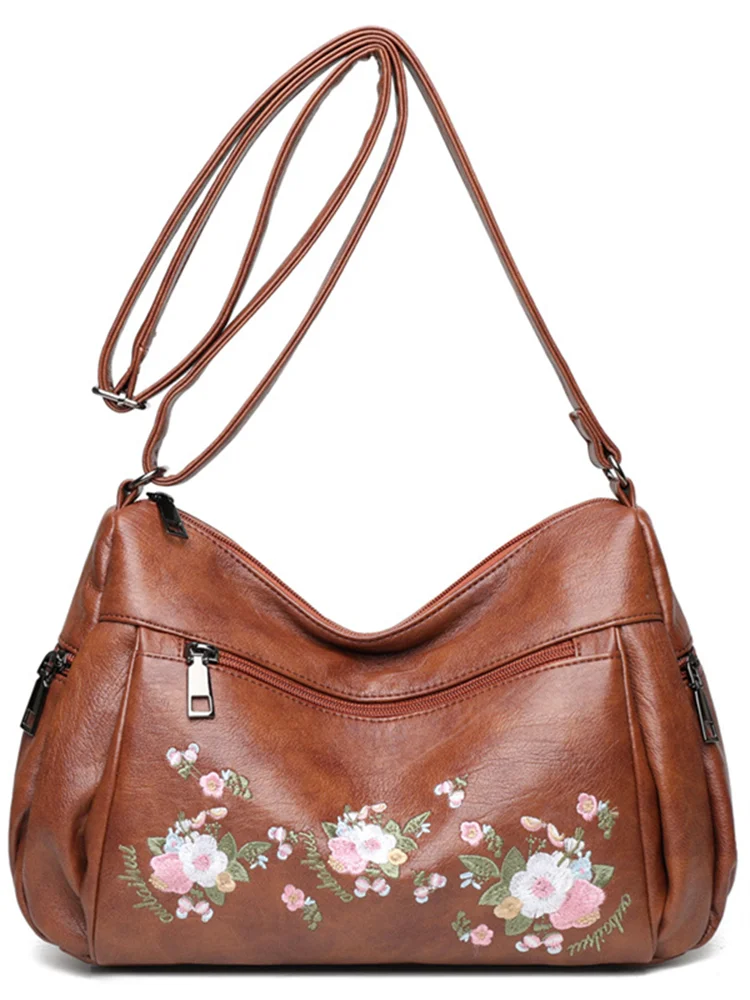 Flowers Embroidered Soft Leather Utility Bag