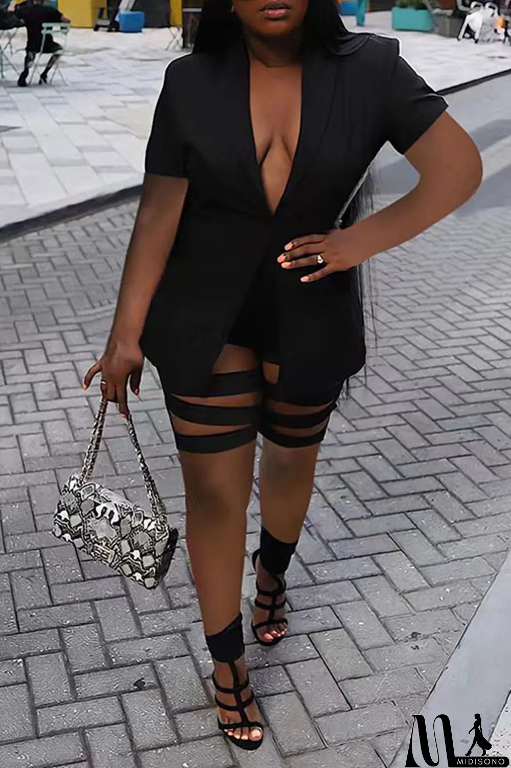 MidiSono - Red Street Print Hollowed Out Patchwork Buttons Turn-back Collar Short Sleeve Two Pieces