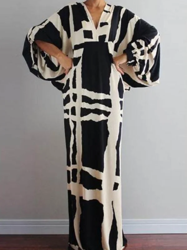 Loose V-Neck Printed Long Sleeves Maxi Dress