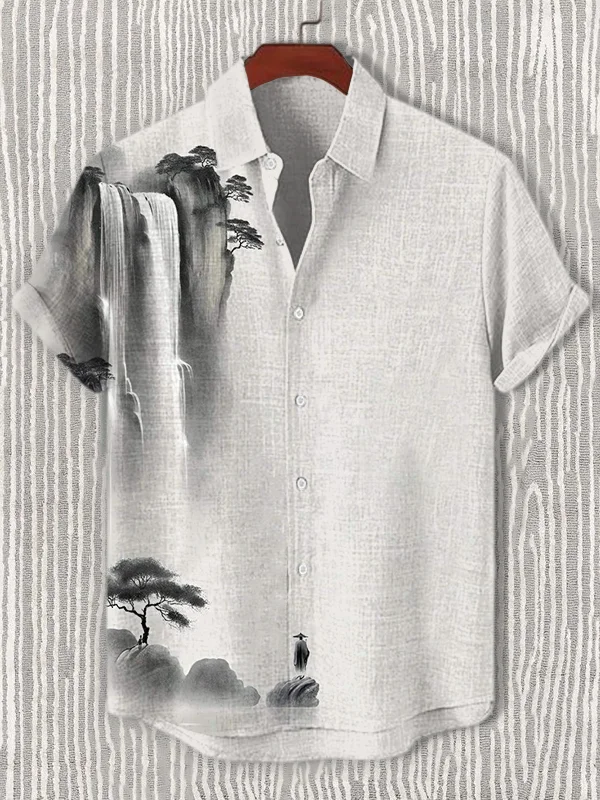 Men's Zen Inspired Waterfall Ink Art Print Short Sleeve Shirt