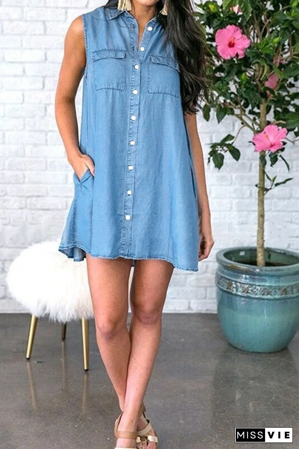 Denim Sleeveless Shirt Mini Dress