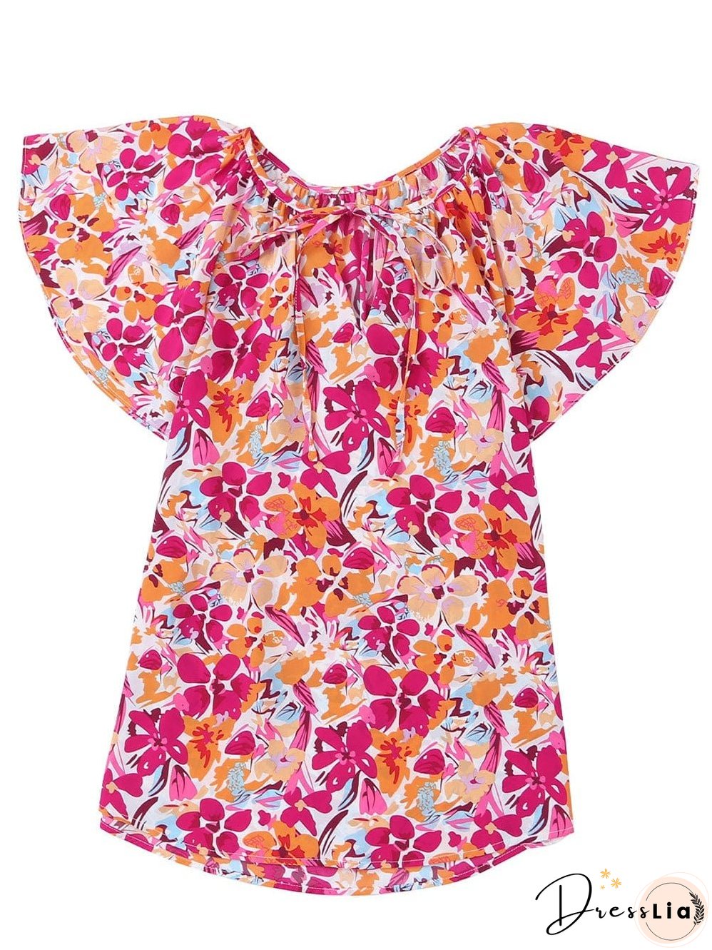 Fiery Red Floral Print Top with Flutter Sleeves