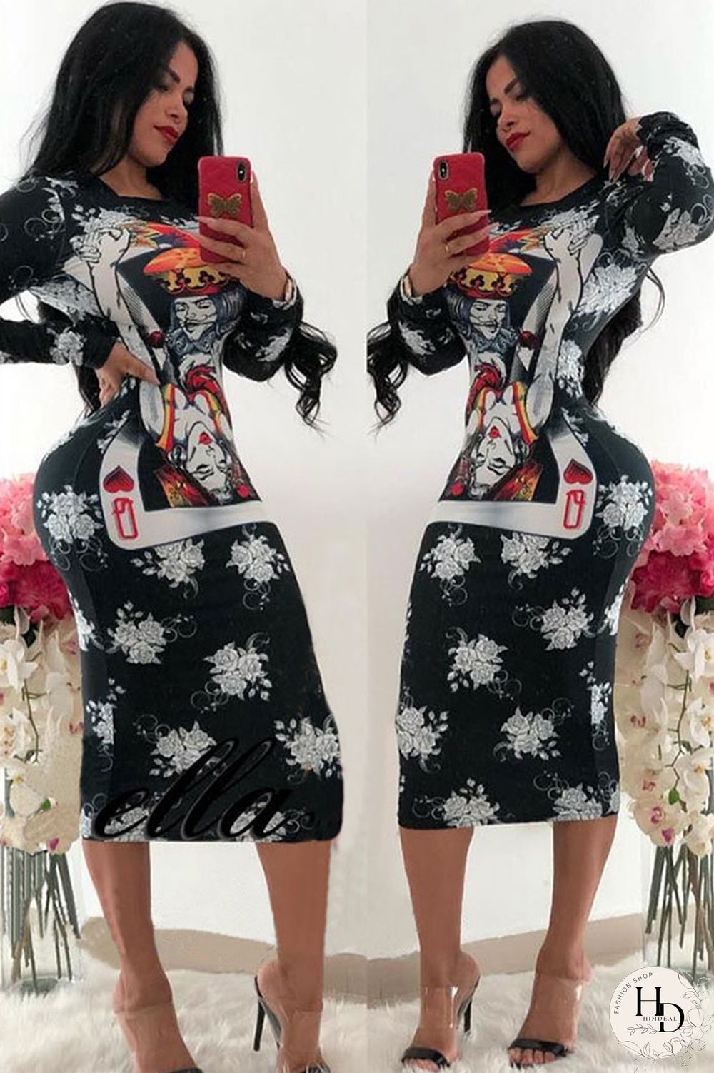 As Show Fashion Long Sleeves O neck Slim Dress Mid-Calf Print Print Dresses