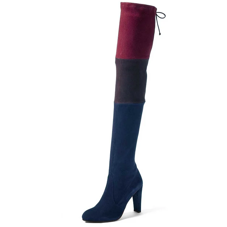 Multi-color Chunky Heel Boots Vegan Suede Round Toe Thigh-high Boots |FSJ Shoes