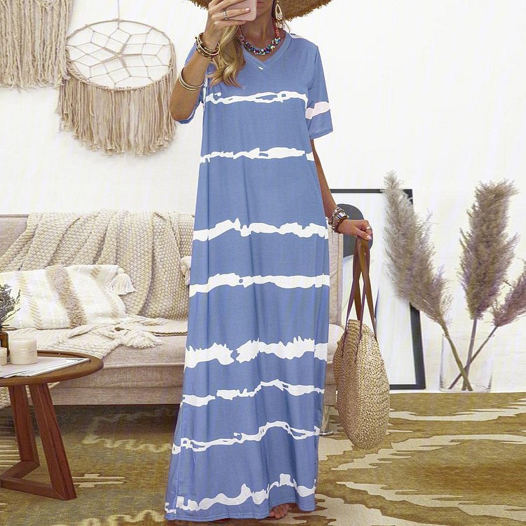 Modest Blue V-Neck Short Sleeve Printed Maxi Dress