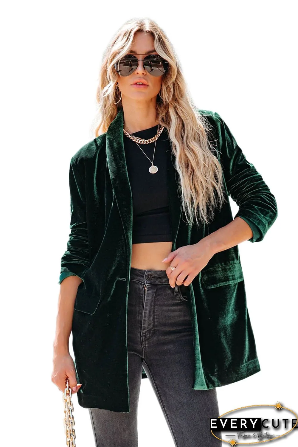 Green Casual Pocketed Velvet Blazer