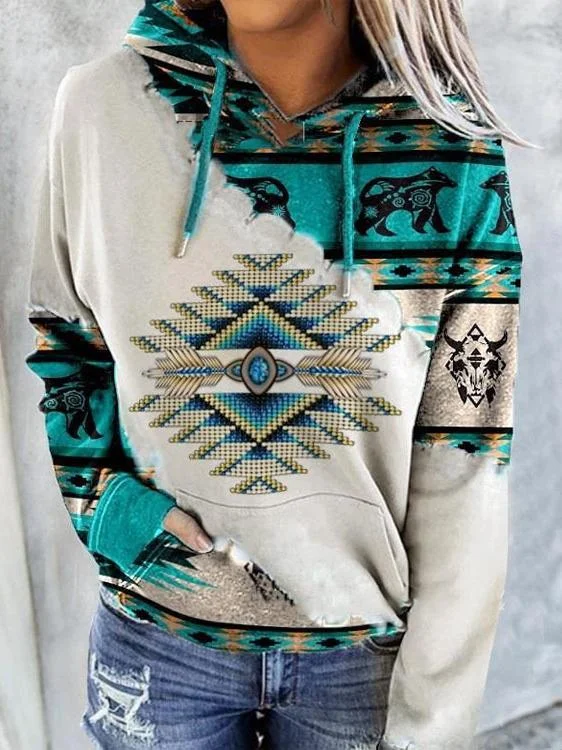 Women Long Sleeve Hooded Printed Pockets Sweatshirts Top