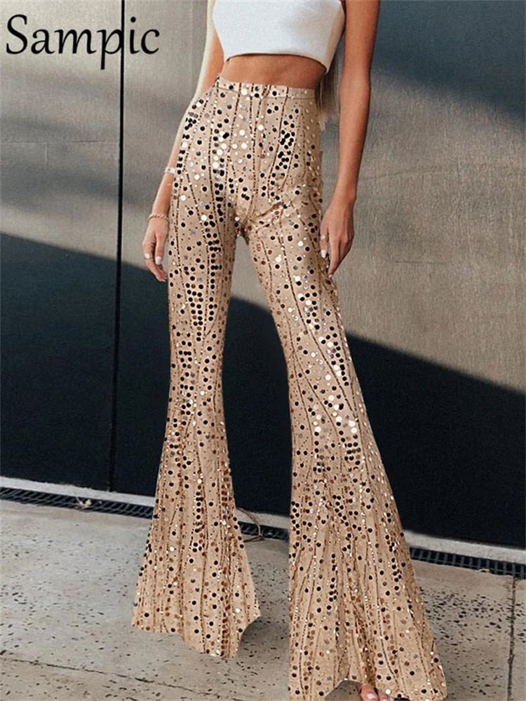 Sampic Sexy Women Party Night Club Fashion Sequins Wrap Flared Pants Skinny High Waisted Long Casual Trousers Pants 2021 Winter