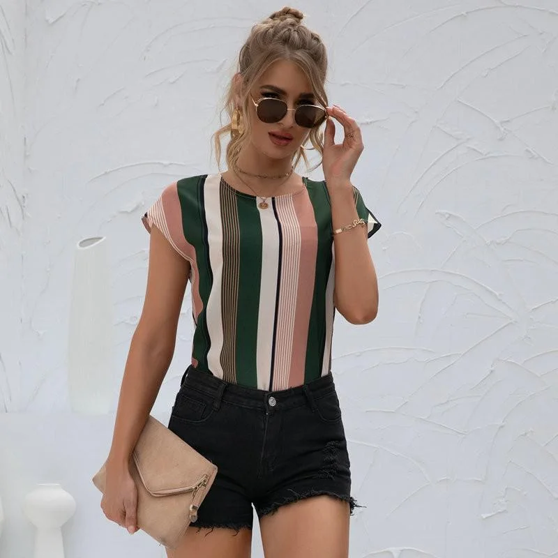 Jangj Sleeve Cutout Twist Back Striped Colorblock Top Women Summer O-neck Asymmetrical Hem Backless Thin Chiffon Blouses