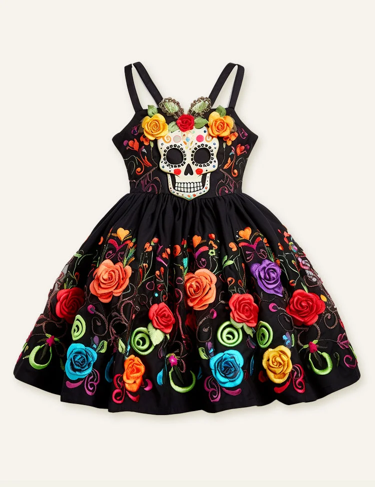 Mommy & Me Halloween 3D Roses Funeral Embroidered Hollow Out Slip Dress