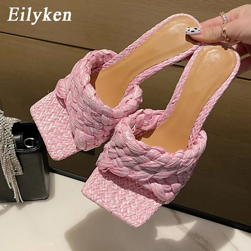 Eilyken 2022 New Summer Design Weave Square Toe Heels High Quality Slippers Gladiator Beach Womens Sandal Slides Shoes