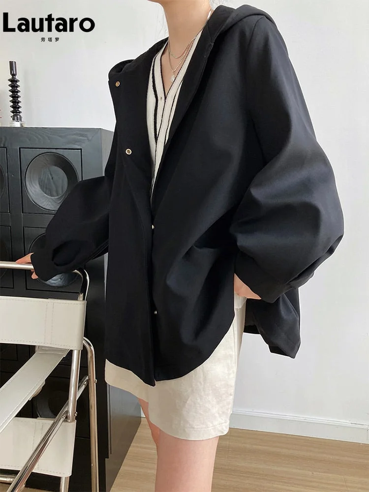 Huiketi Spring Khaki Black Loose Casual Hooded Coats Korean Style for Women Sashes Luxury Designer Fall Clothing Fashion 2023
