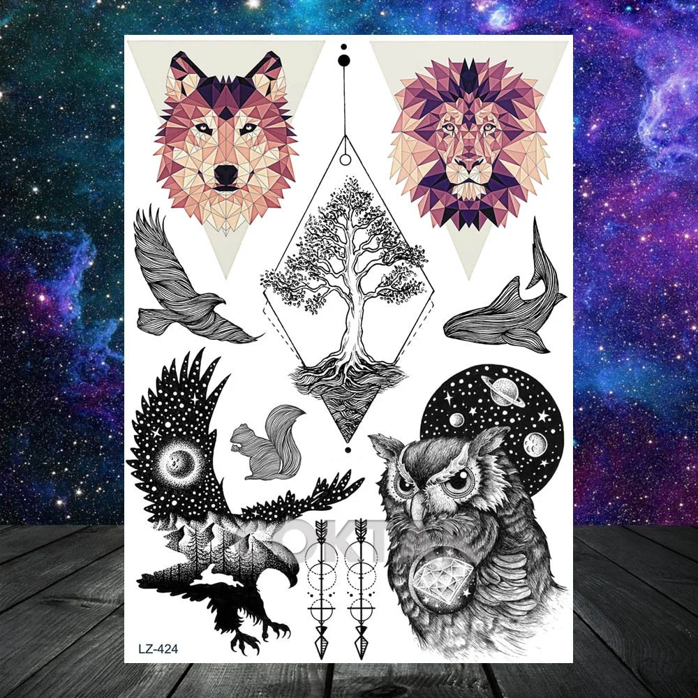 Geometric Skull Temporary Tattoos For Men Women Realistic Fake Wolf Gangster Tattoos Sticker Outer Space Planets Tatoos Washable