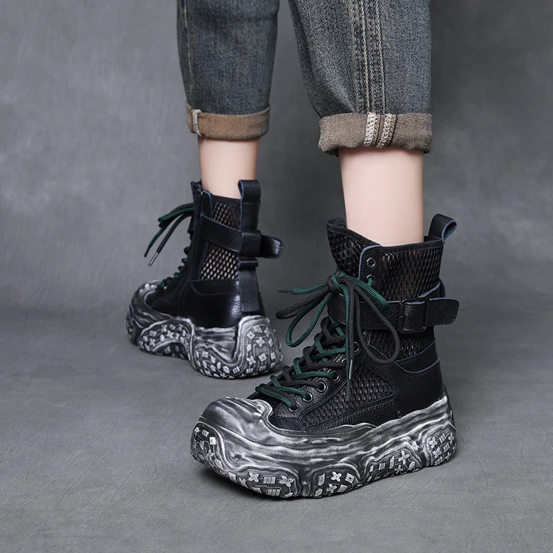 Yyvonne Layer Kraft Breathable Mesh Martin Boots 2025 Summer New Hollow Cool Boots Leisure Thick-Bottomed High-Top Sandals