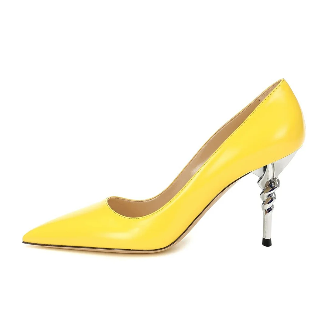 Classic Yellow Vegan Leather Pointed Toe Slip-On Pumps Heels