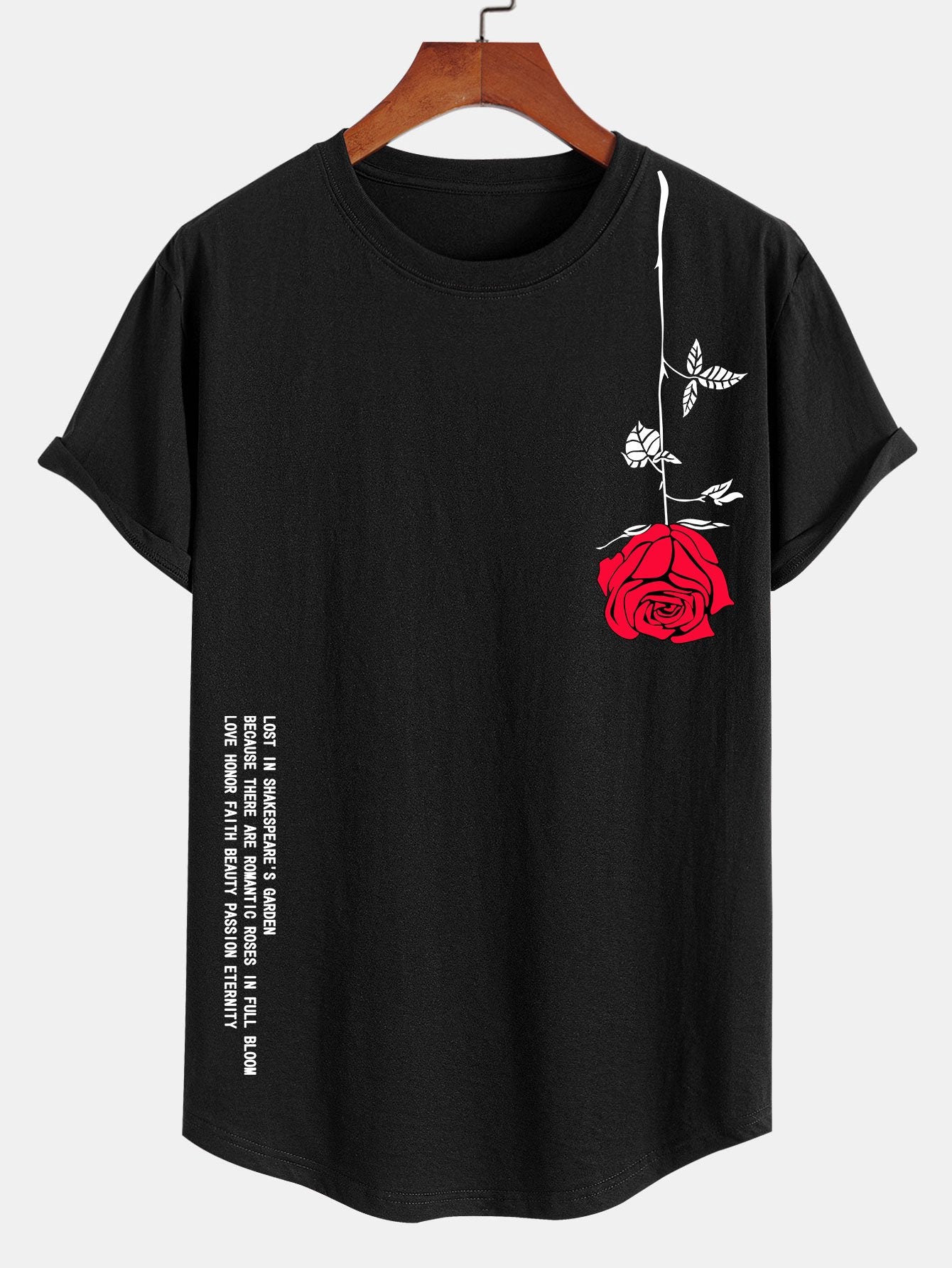 Rose Slogan Print Cotton Arc Hem T-Shirt