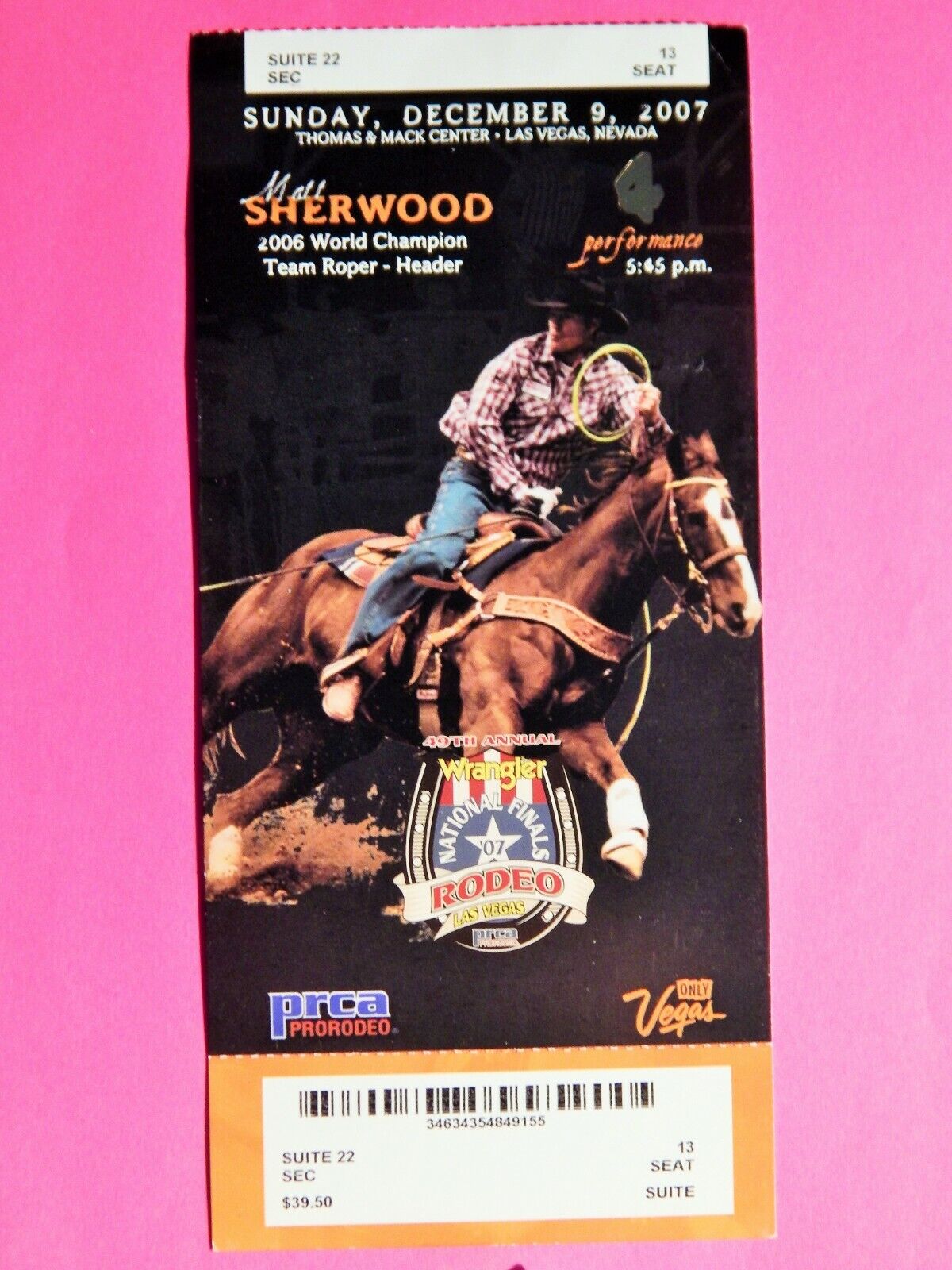 2007 NATIONAL FINALS RODEO LG ORIGINAL USED TICKET MATT SHERWOOD COLOR Photo Poster painting