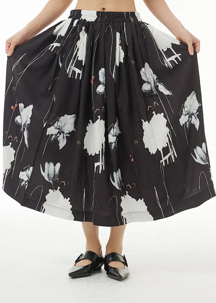 5.1Beautiful Black Print Exra Large Hem Cotton A Line Skirt Summer