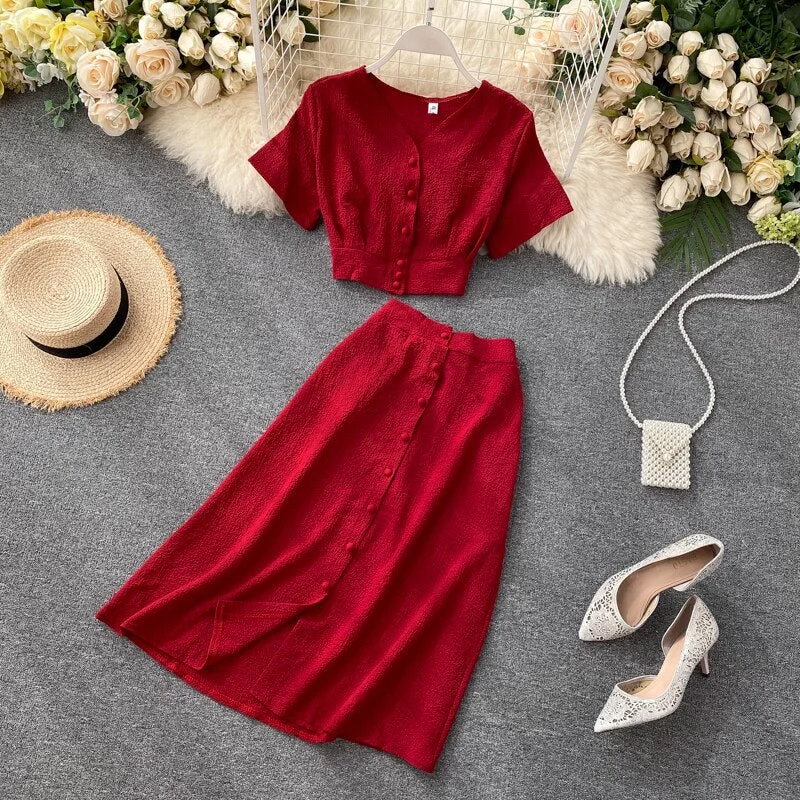 FTLZZ New Summer Women Casual V Neck Single Breasted Crop Tops High Waist A-line Solid Color Skirt Two Piece Set