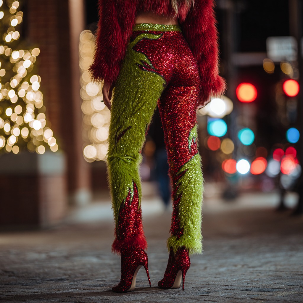 Fun Christmas-themed Color-blocked Plush Thermal Pants elevenforest